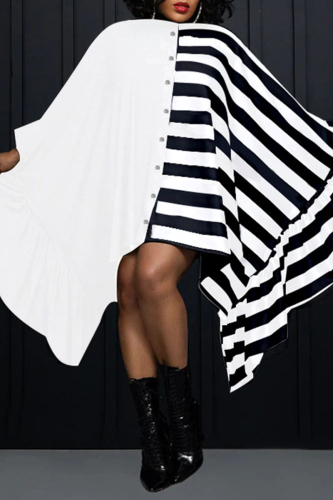 Casual Striped Print Patchwork Mandarin Collar Irregular Dress Dresses