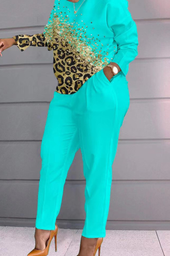 Casual Print Patchwork Pocket O Neck Plus Size Two Pieces