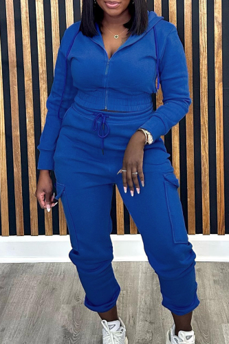 Blue Casual Solid Patchwork Draw String Pocket Zipper Hooded Collar Long Sleeve Two Pieces