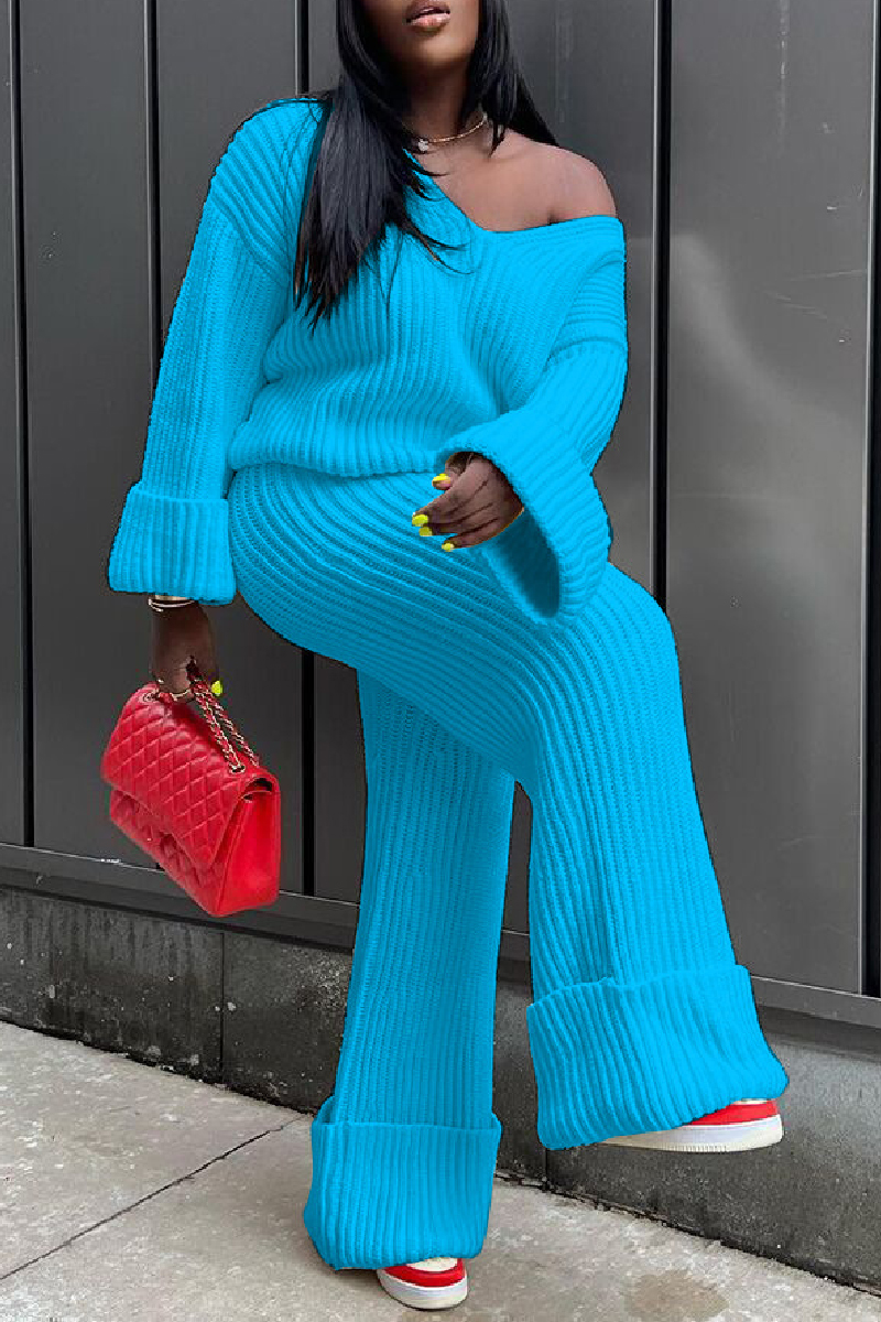 Solid Color V-Neck Long-Sleeve Top Micro-Flare Pants Two-Piece Set