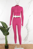 Rose Red Casual Solid Basic Zipper Collar Long Sleeve Two Pieces