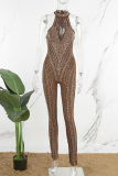 Coffee Sexy Patchwork Hot Drilling Hollowed Out Turtleneck Skinny Jumpsuits
