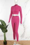 Rose Red Casual Solid Basic Zipper Collar Long Sleeve Two Pieces