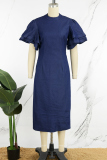 Deep Blue Elegant Solid Hollowed Out Patchwork O Neck Wrapped Skirt Dresses