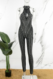 Coffee Sexy Patchwork Hot Drilling Hollowed Out Turtleneck Skinny Jumpsuits
