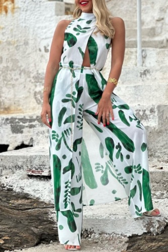 Casual Print Slit Turtleneck Sleeveless Two Pieces