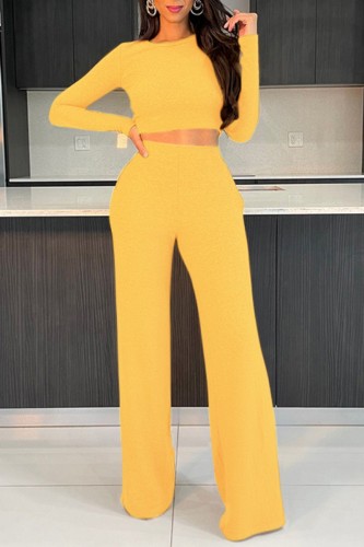 Yellow Casual Solid Basic O Neck Long Sleeve Two Pieces