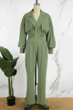 Army Green Casual Solid Patchwork Turndown Collar Long Sleeve Two Pieces