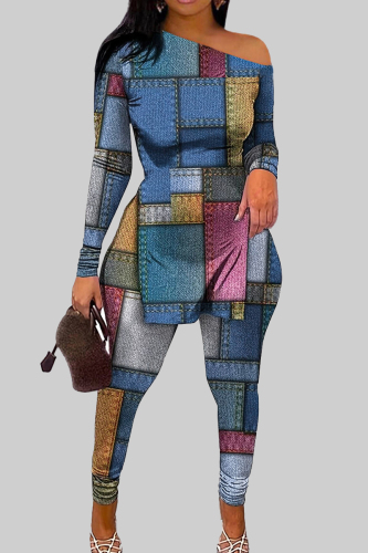 Casual Print Patchwork Slit Oblique Collar Long Sleeve Two Pieces