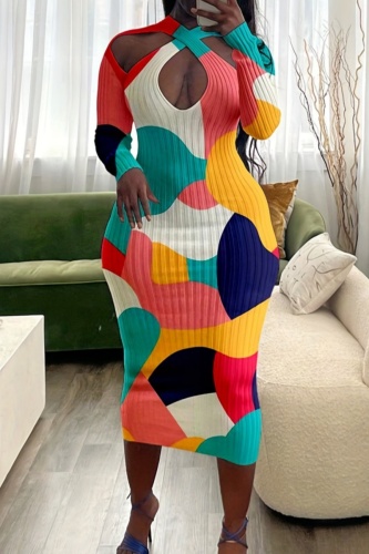 Casual Print Hollowed Out V Neck Long Sleeve Plus Size Dresses