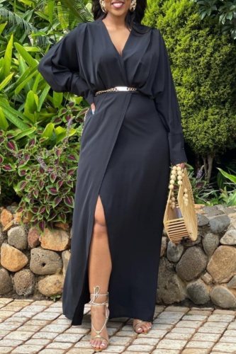 Casual Solid Patchwork V Neck Long Sleeve Dresses (Without Belt)