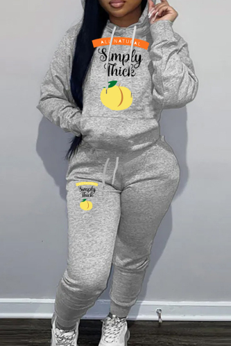 Casual Print Patchwork Draw String Pocket Hooded Collar Long Sleeve Two Pieces