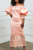 Pink Casual Solid Hollowed Out Patchwork Off the Shoulder Long Dress Dresses
