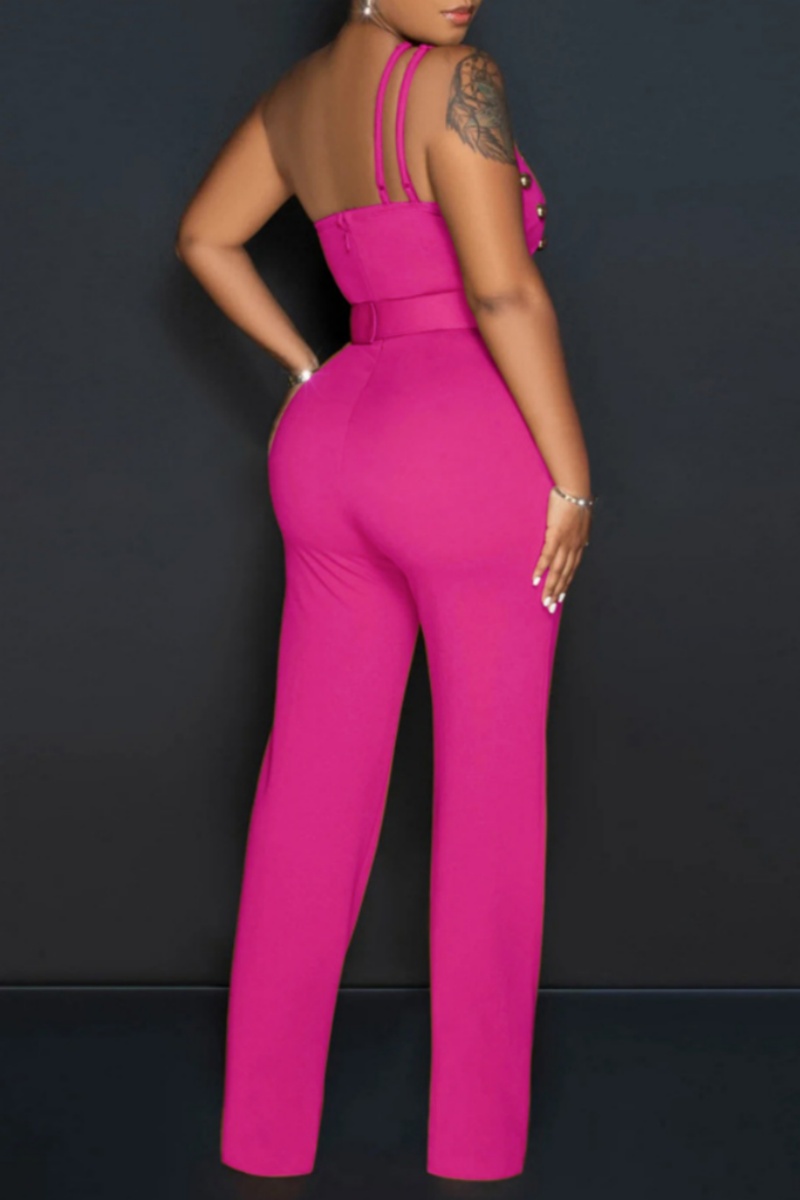 Wholesale Rose Red Sexy Casual Solid Backless With Belt Oblique Collar Skinny Jumpsuits K88001 5 6162