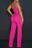 Purple Sexy Casual Solid Backless With Belt Oblique Collar Skinny Jumpsuits