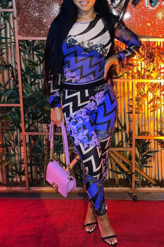 Casual Print Basic O Neck Skinny Jumpsuits