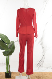 Red Casual Solid Patchwork Beading O Neck Regular Jumpsuits