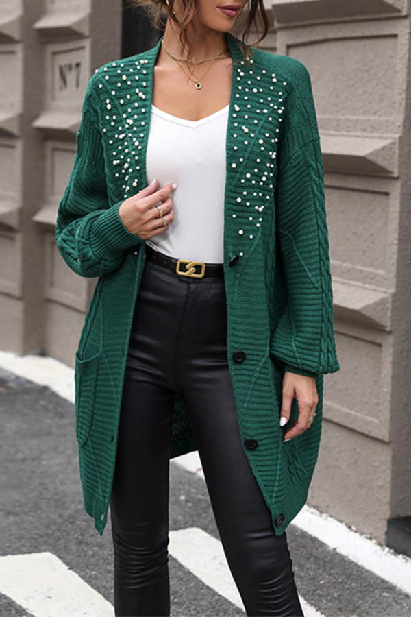 Casual Solid Beading Weave Cardigan Collar Outerwear