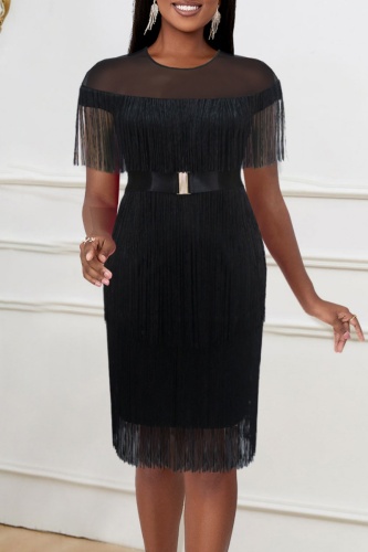 Casual Solid Tassel Patchwork O Neck Short Sleeve Dress Dresses