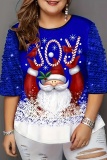 Casual Christmas Tree Printed Sequins Patchwork O Neck Plus Size Tops