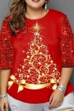 Casual Christmas Tree Printed Sequins Patchwork O Neck Plus Size Tops