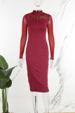 Burgundy Sexy Party Formal Patchwork Sequins See-through Half A Turtleneck Long Sleeve Dresses