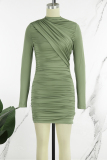 Green Casual Solid Fold Half A Turtleneck Long Sleeve Dresses