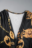 Black Casual Print Patchwork V Neck Long Sleeve Dresses
