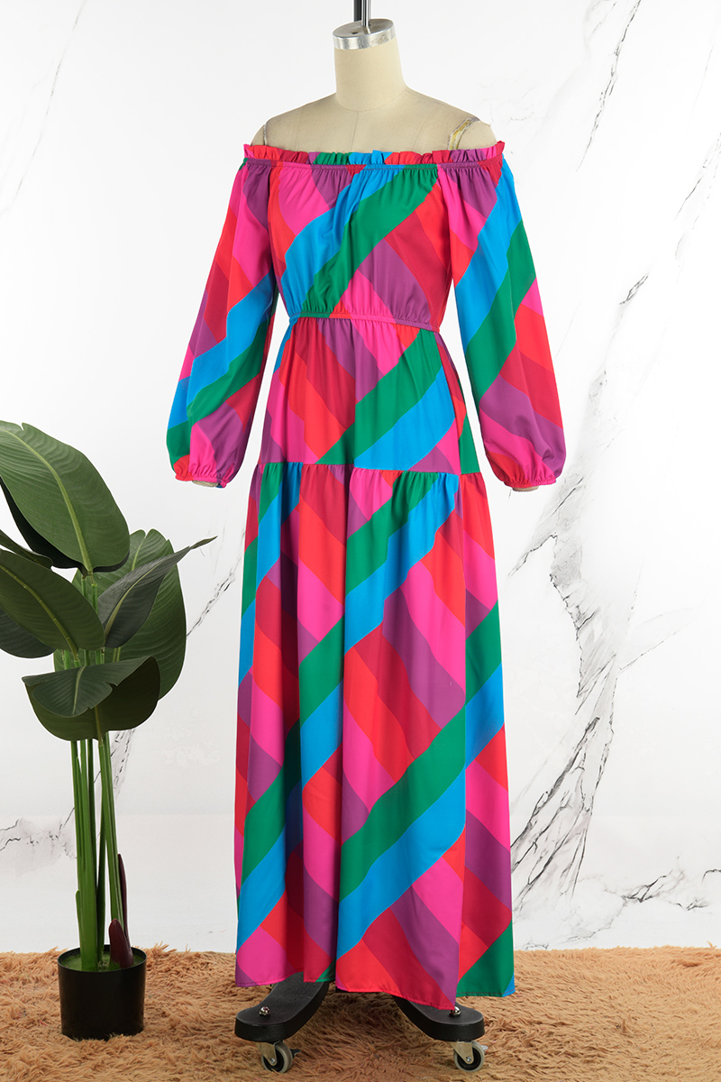 Sweet Print Contrast Off the Shoulder A Line Dresses