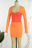 Orange Casual Patchwork Contrast U Neck Long Sleeve Dresses