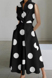 Black Casual Print Patchwork Buttons Fold Mandarin Collar A Line Dresses