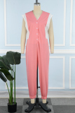 Grey Casual Street Daily Simplicity Patchwork Pocket Contrast Asymmetrical Collar Regular Jumpsuits