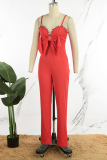 White Sexy Casual Solid Backless With Bow Rhinestone Spaghetti Strap Regular Jumpsuits