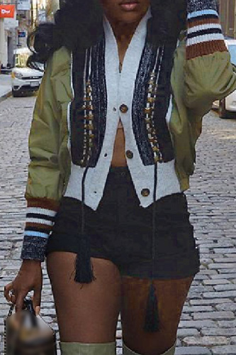 Casual Patchwork Buttons V Neck Outerwear