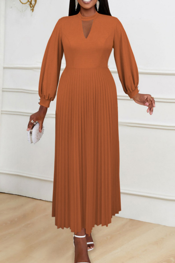 Casual Solid Hollowed Out O Neck Pleated Dresses