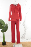 Red Casual Solid Patchwork Beading O Neck Regular Jumpsuits