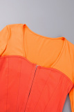 Orange Casual Patchwork Contrast U Neck Long Sleeve Dresses