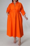 Tangerine Red Casual Solid Patchwork Turndown Collar Shirt Dress Plus Size Dresses