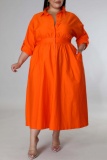 Tangerine Red Casual Solid Patchwork Turndown Collar Shirt Dress Plus Size Dresses