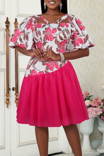 Casual Print Hollowed Out V Neck A Line Short Sleeve Dress