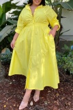 Fluorescent Yellow Casual Solid Patchwork Turndown Collar Shirt Dress Plus Size Dresses