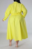 Fluorescent Yellow Casual Solid Patchwork Turndown Collar Shirt Dress Plus Size Dresses