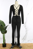 Street Solid Patchwork Cross Straps O Neck Long Sleeve Two Pieces