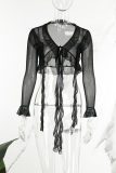 Black Sexy Casual Solid Tassel Bandage Tops