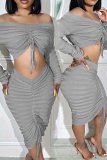 Sweet Solid Bandage Patchwork Fold Off the Shoulder Long Sleeve Two Pieces