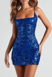 Sky Blue Sexy Casual Patchwork Sequins Frenulum Backless Spaghetti Strap Wrapped Skirt Dresses