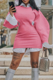 Sexy Solid Hollowed Out Patchwork Shirt Collar Long Sleeve Plus Size Dresses