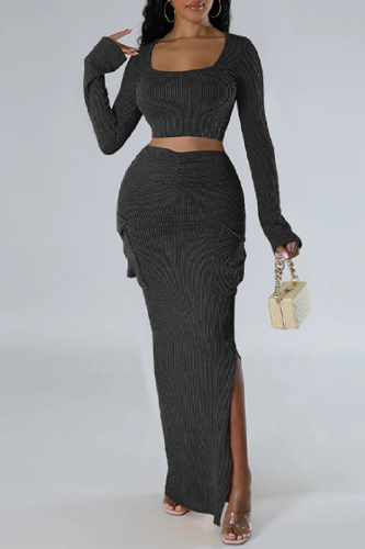 Casual Solid Slit U Neck Long Sleeve Two Pieces