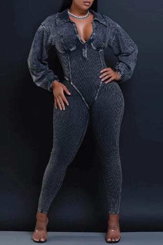 Casual Solid Patchwork V Neck Skinny Jumpsuits