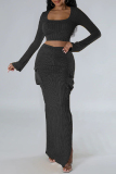Casual Solid Slit U Neck Long Sleeve Two Pieces